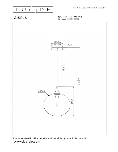 Lucide GISELA - Pendant light - Ø 30 cm - LED Dim. - 1x9,4W 2700K - Amber - Premium - technical